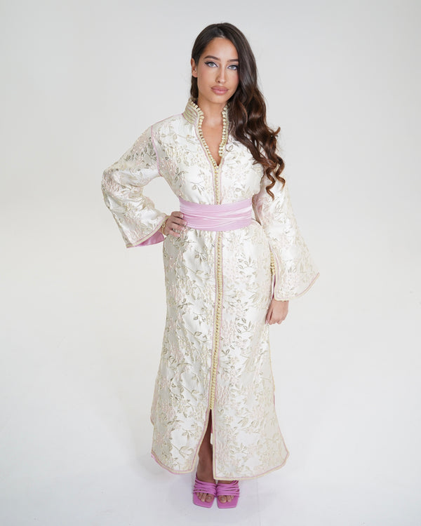 Caftan Brocard Blanc & Rose Poudré